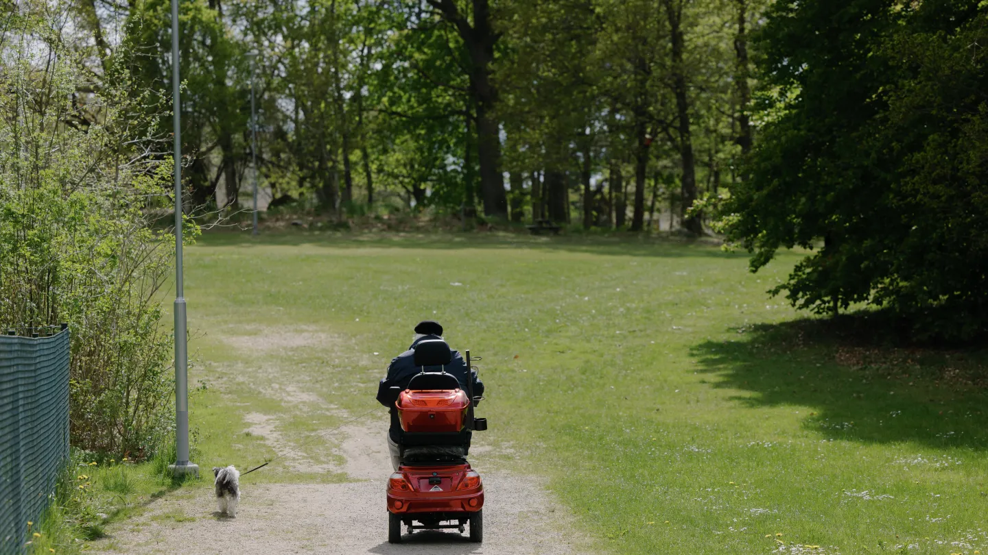 Gubbe i permobil rastar hunden